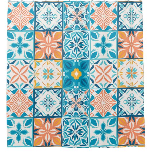  tegels in blauw en oranje douchegordijn (Voorkant)