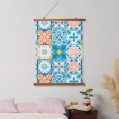  tegels in blauw en oranje hangend wandkleed (Slaapkamer)