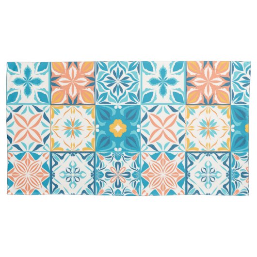 tegels in blauw en oranje kussensloop (Voorkant-Links)