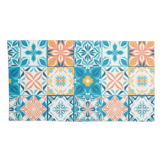 tegels in blauw en oranje kussensloop (Achterkant-Rechts)