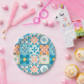  tegels in blauw en oranje papieren bordje (Feest)