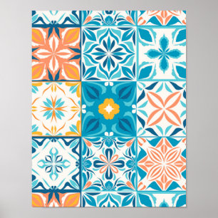 tegels in blauw en oranje poster