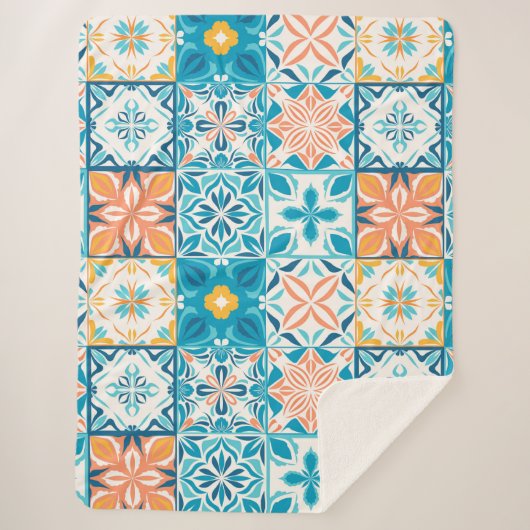  tegels in blauw en oranje sherpa deken (Voorkant)