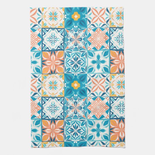 tegels in blauw en oranje theedoek (Verticaal)