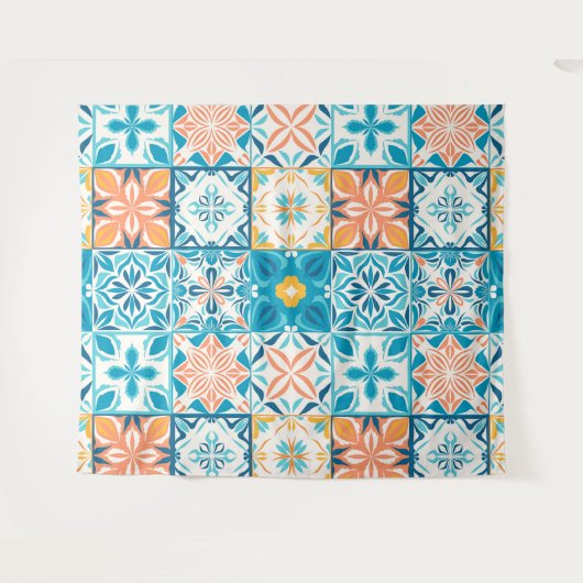 tegels in blauw en oranje wandkleed (Voorkant (horizontaal))