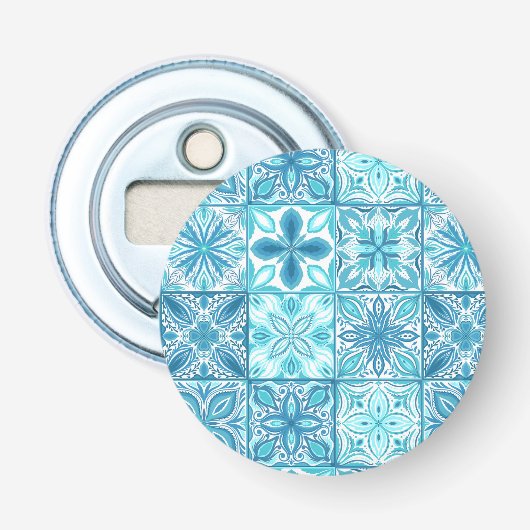  tegels in blauw en wit button flesopener (Voorkant)