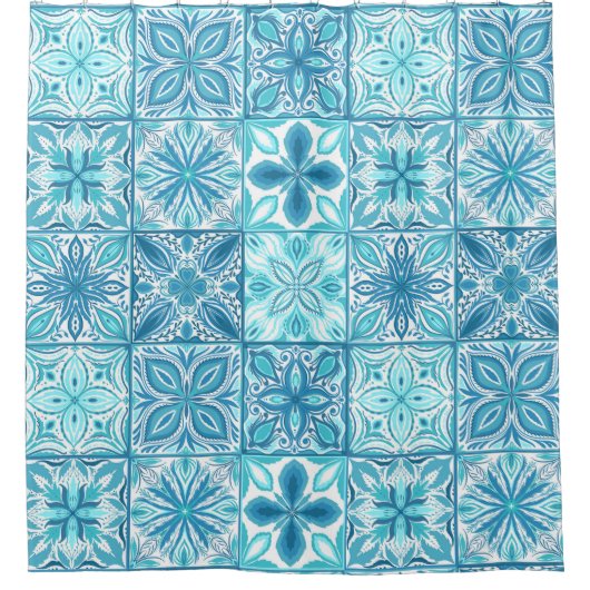 tegels in blauw en wit douchegordijn (Voorkant)