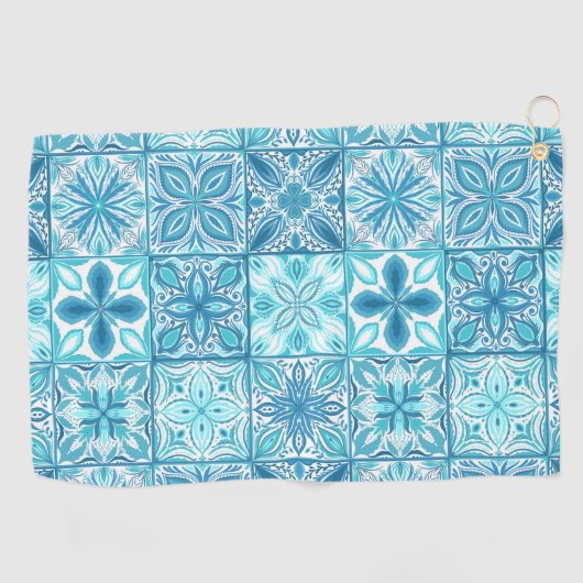  tegels in blauw en wit golfhanddoek (Horizontaal)