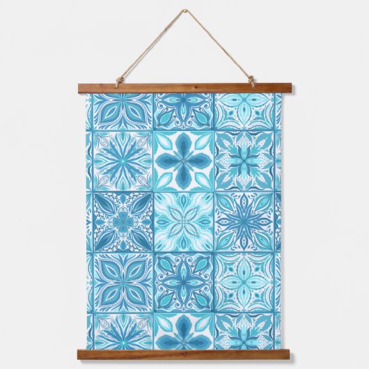 tegels in blauw en wit hangend wandkleed (Voorkant)