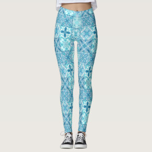 tegels in blauw en wit leggings