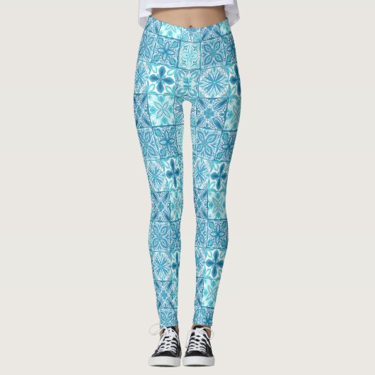 tegels in blauw en wit leggings (Voorkant)