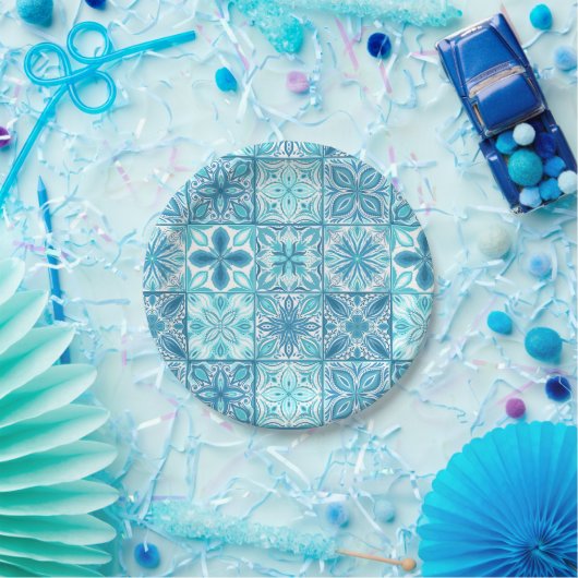  tegels in blauw en wit papieren bordje (Feest)