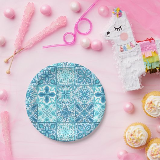 tegels in blauw en wit papieren bordje (Feest)