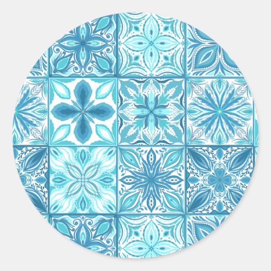 tegels in blauw en wit ronde sticker (Voorkant)