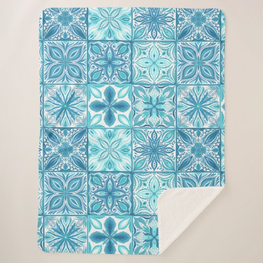 tegels in blauw en wit sherpa deken (Voorkant)