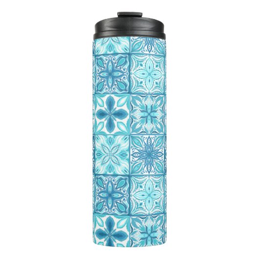tegels in blauw en wit thermosbeker (Voorkant)