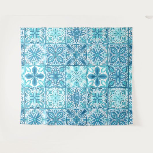 tegels in blauw en wit wandkleed (Voorkant (horizontaal))