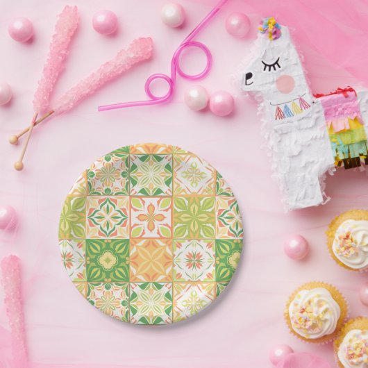  tegels in groen en geel papieren bordje (Feest)
