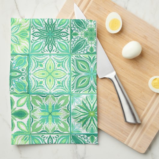 tegels in groen en wit theedoek (Quarter Fold)