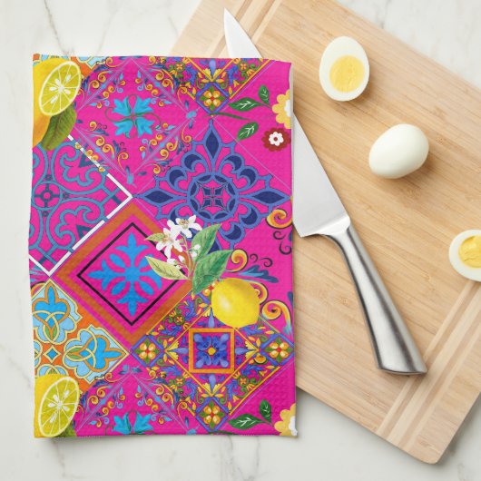 tegels, mozaïek, azulejo, citroenen, Citrus, majol Theedoek (Quarter Fold)