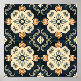 Tegels Neo-traditioneel blauw en wit patroon Poster