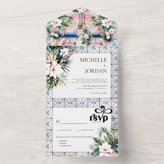 Tegels van Floral | Marokkaans tropisch huwelijk All In One Uitnodiging (Binnen)