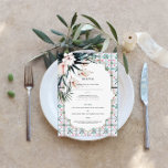 Tegels van Floral | Menu Marokkaanse tropische bru<br><div class="desc">Mooie menukaarten om uw tabelinstellingen aan te vullen bij uw bruiloft of volgende etentje. De prachtige waterverf tegels, floralen en groenery passen dit elegante menu aan dat volledig aanpasbaar is. De door Marokko geïnspireerde bruiloften zijn vet, cool en boho chic. Dusty roze, diep blauwgroen blauw, koraal, geel en heerlijk groen...</div>