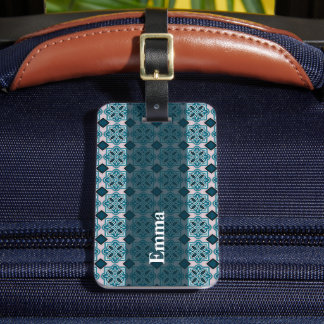 Tegeltjes in vintage teal sierpatroon bagagelabel