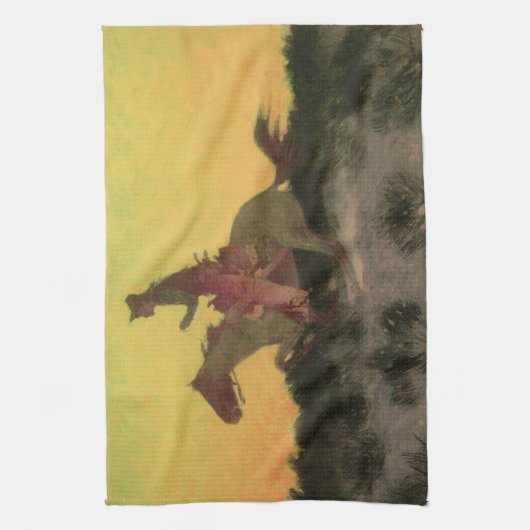 Tegen de zonsondergang door Remington,  cowboys Theedoek (Verticaal)