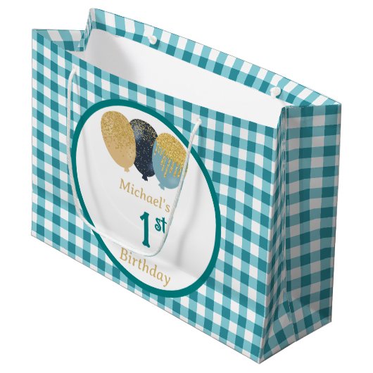 Tegengroene Gingham Ballonnen Aangepaste Verjaarda Groot Cadeauzakje (Voorkant Gekanteld)