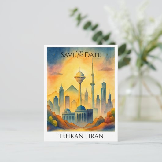 Teheran Iran aangepaste Waterverf Save the Date Briefkaart (Staand voorkant)