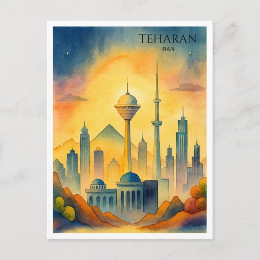 Teheran Iran Skyline Waterverf Cityscape Feestdagenkaart (Voorkant)
