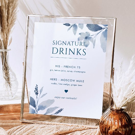Teken Drink Dusty Blue Floral Wedding Signature Poster