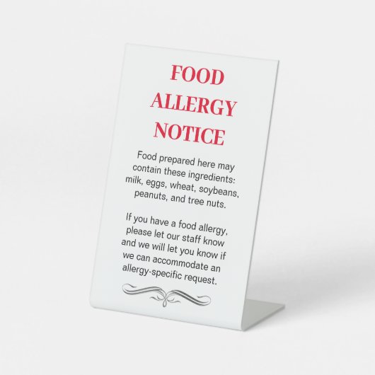 Teken - FOOD ALLERGY Notice List Reclamebord Met Voetstuk (Voorkant)