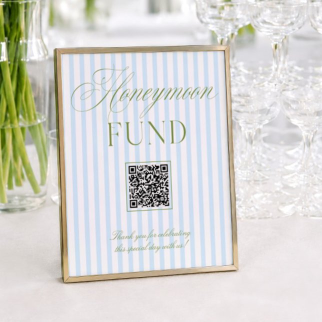 Teken met QR-code voor huwelijksreis-fonds in sali (Sage Green & Blue Honeymoon Fund QR Code Sign)