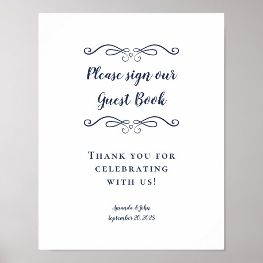 Teken Ons Gastboek Elegante Blauwe Bruiloft Poster (Voorkant)