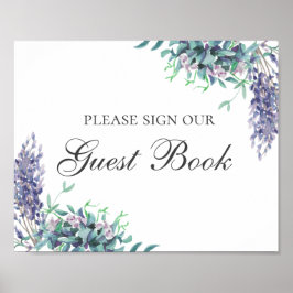 Teken ons gastenboek. Paarse bloem. Bloemige bruil Poster