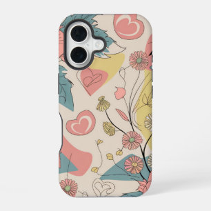 Teken patroon met harten en bloemen iPhone 16 hoesje