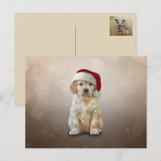Teken puppy Golden Retriever in het rode pet van d Briefkaart (Voorkant / Achterkant)