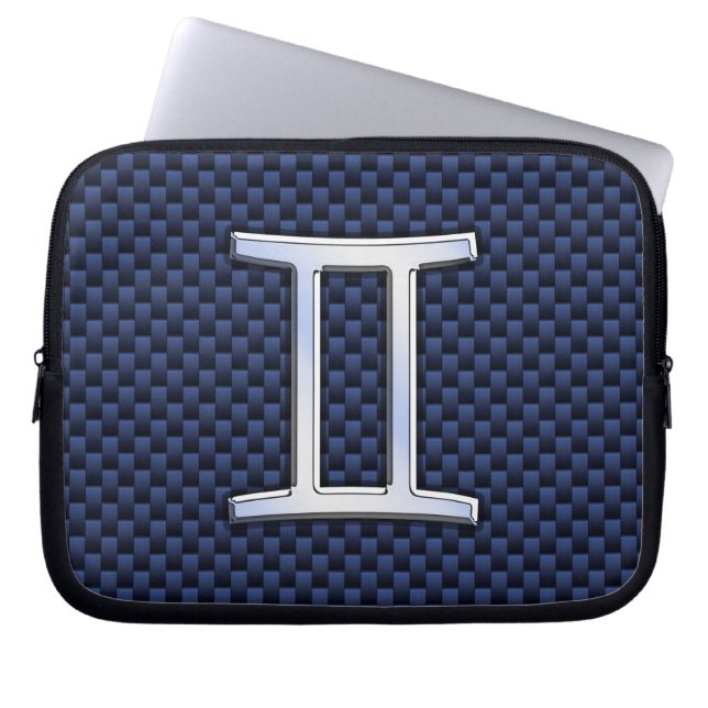 Teken van de Tweeling in blauwe koolstofvezelstruc Laptop Sleeve (Voorkant)