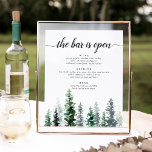 Teken van het menu Bindbalk Timber Grove Wedding Poster<br><div class="desc">Nodig gasten uit om een favoriete libatie uit de bar te grijpen met ons charmante rustic het menubord van de trouwbar. 11x14 poster kenmerkt een bodemgrens van de waterverf pijnbomen in rijke schaduwen van jager en bosgroen, met "de bar is open"in off-black kalligrafiemanuscript en blokletters. Pas uw wijn-, bier- en...</div>