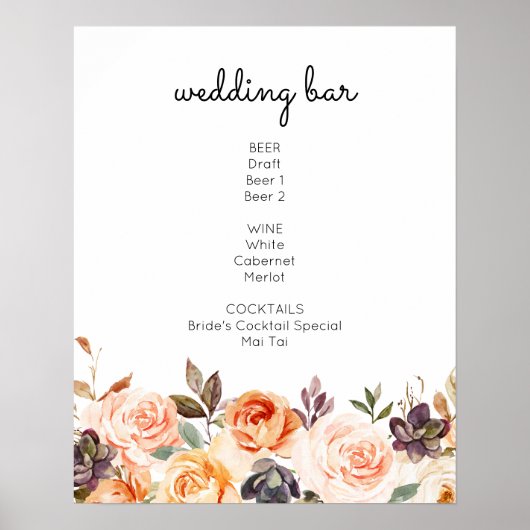 Teken voor Blush & Peach Floral Bar Drinken Poster (Voorkant)