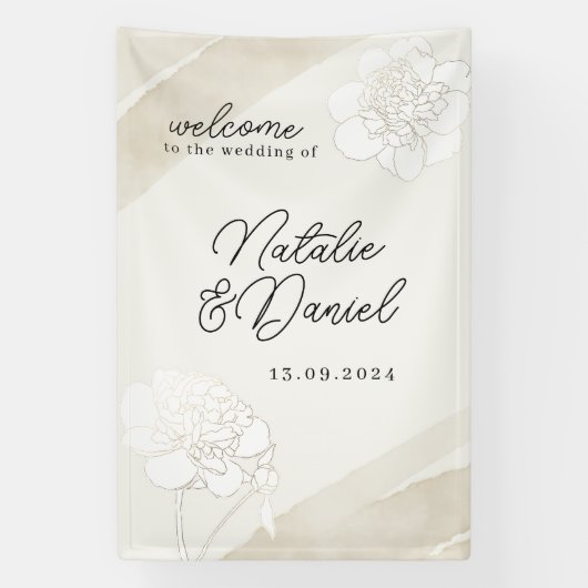 Teken voor de bruiloft met witte pioenrozen bloese spandoek (Verticaal)