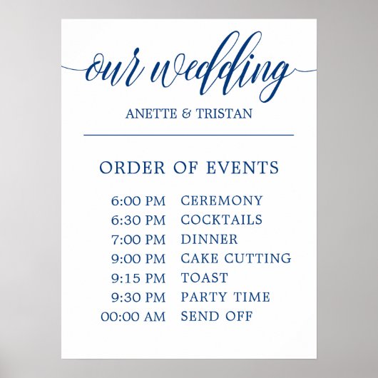 Teken voor huwelijksschema in Navy Blue Calligraph Poster (Voorkant)