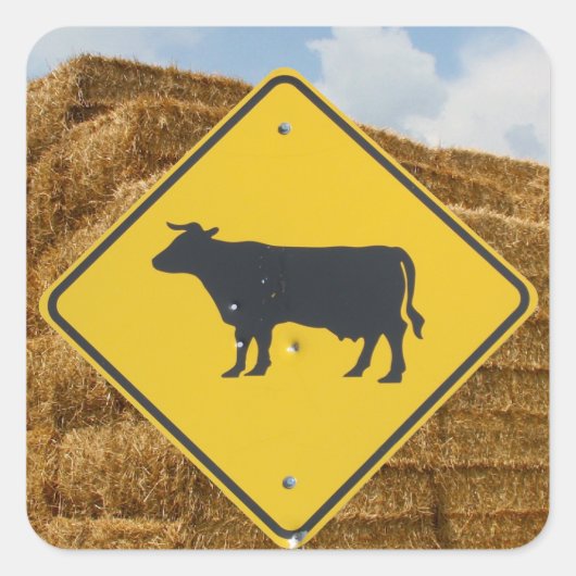 Teken voor veeteelt, baled Hay, Blue Sky, Clouds Vierkante Sticker (Voorkant)