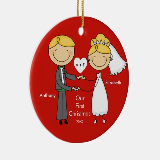 Tekenafbeelding paar onze eerste kerstversiering keramisch ornament (Rechts)