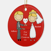 Tekenafbeelding paar onze eerste kerstversiering keramisch ornament (Links)