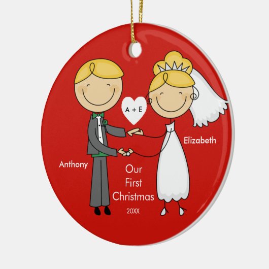 Tekenafbeelding paar onze eerste kerstversiering keramisch ornament (Links)