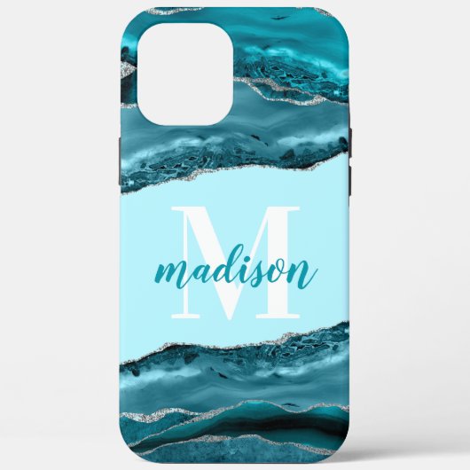 Tekenblauw agaat met zilveren glitters monogram Case-Mate iPhone case (Achterkant)