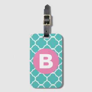 Tekenblauw Quatrefoil Patroon Aangepaste Roze Mono Bagagelabel